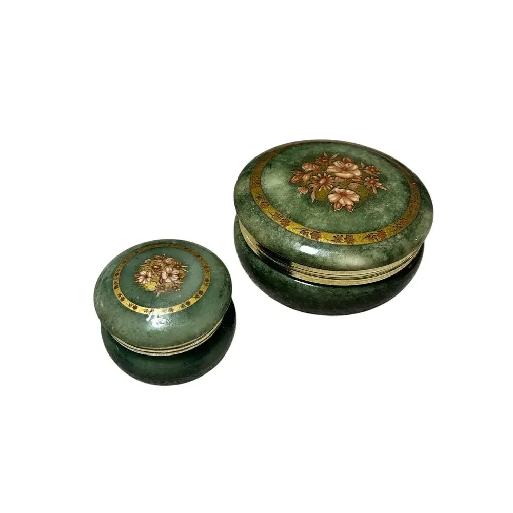 Vintage Green Alabaster Floral Italian Trinket Box (Set of 2)